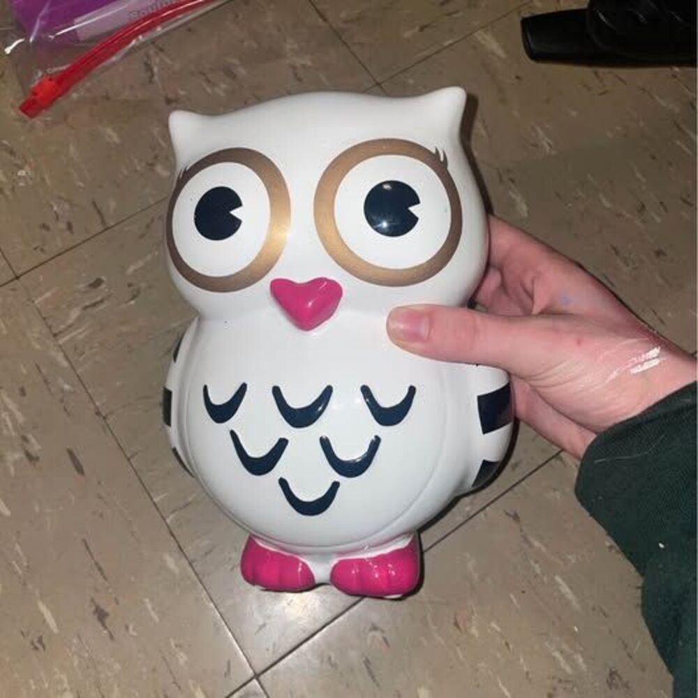 Children's Owl Coin Bank with Stopper; Pink Black White Ceramic Piggy Bank, 12"